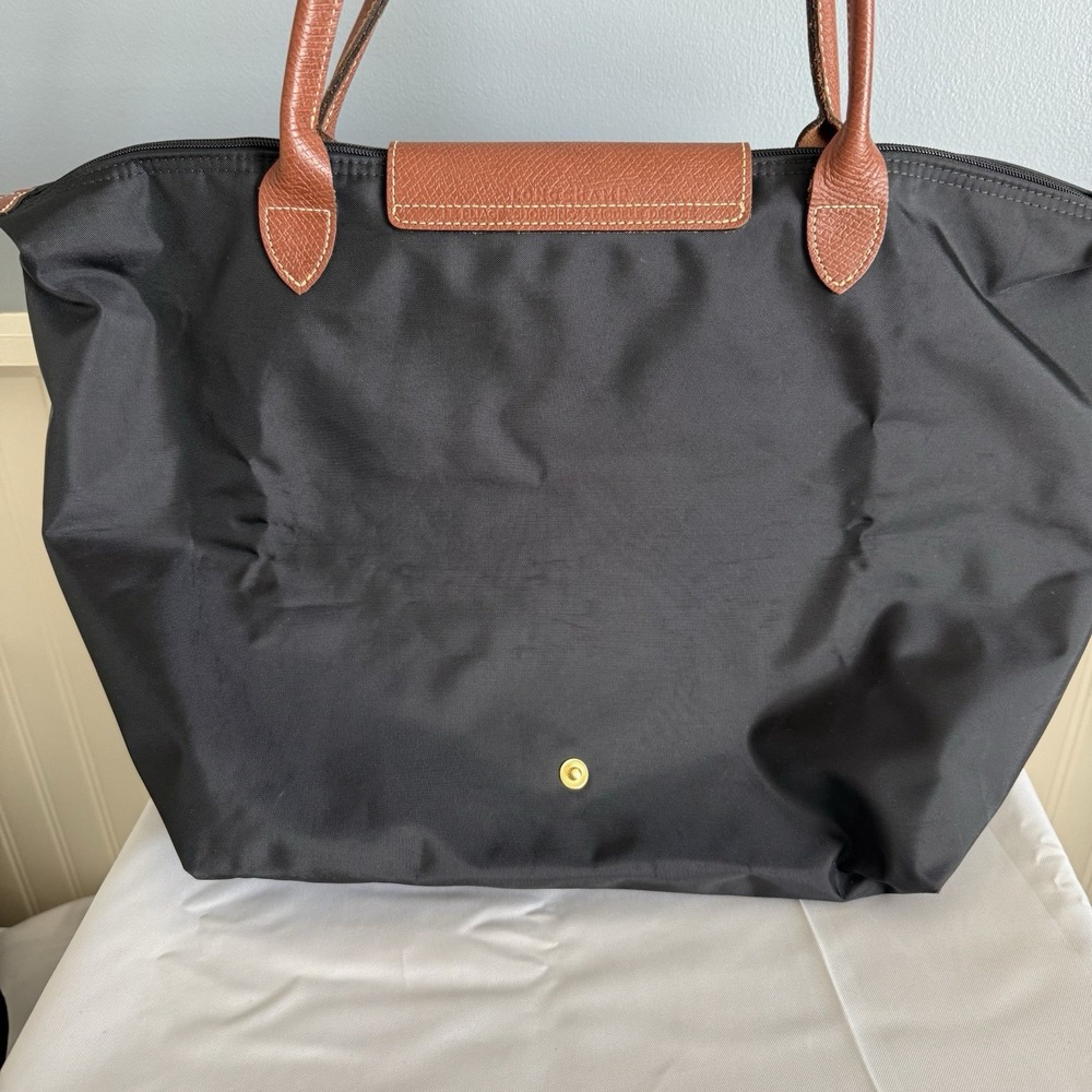LONGCHAMP Le Pliage Large Tote Bag Black Brown Nylon Shoulder Bag Purse EUC - Picture 3 of 13